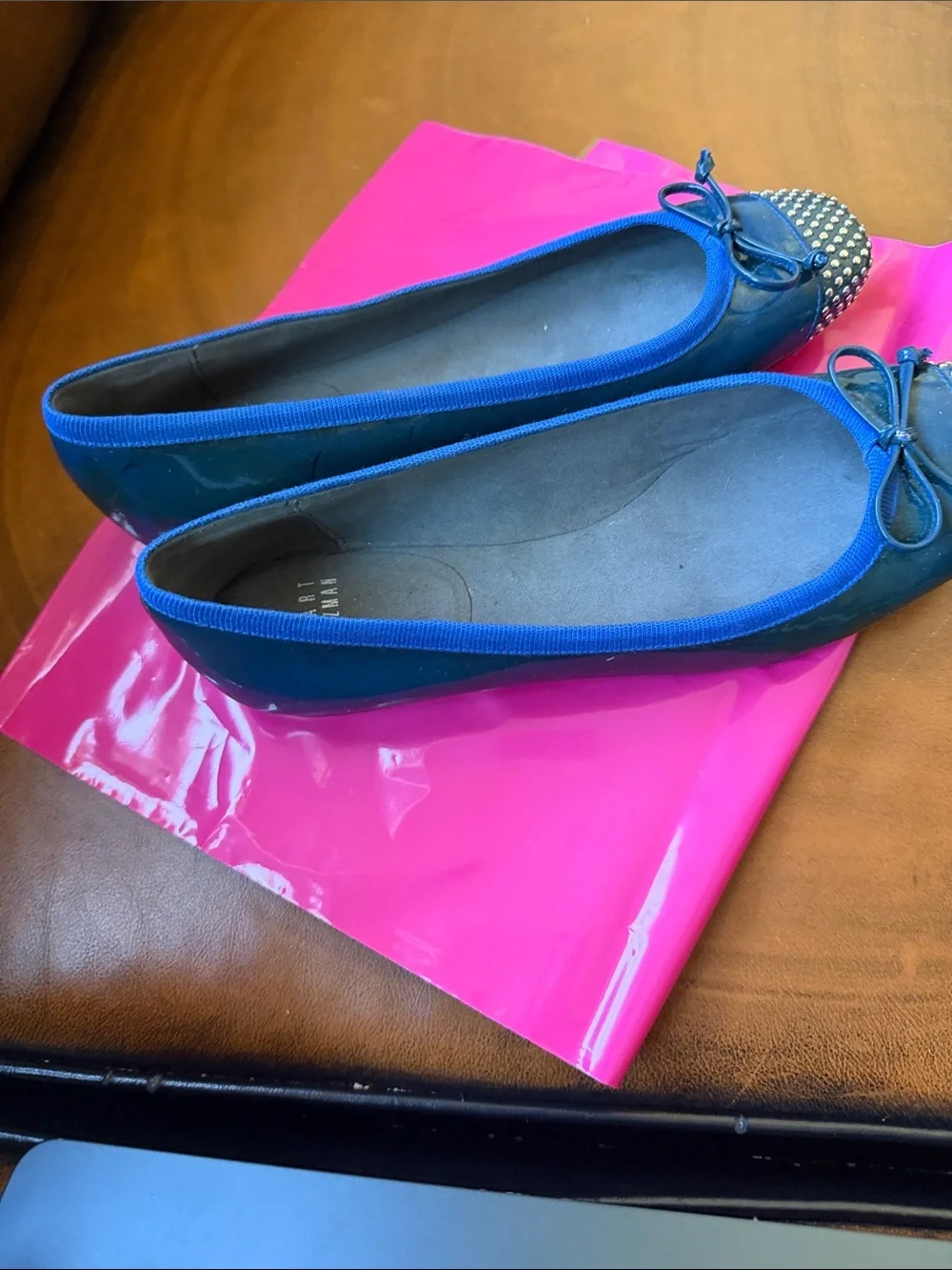 Stuart Weitzman Navy Patent Studded Bow Flats